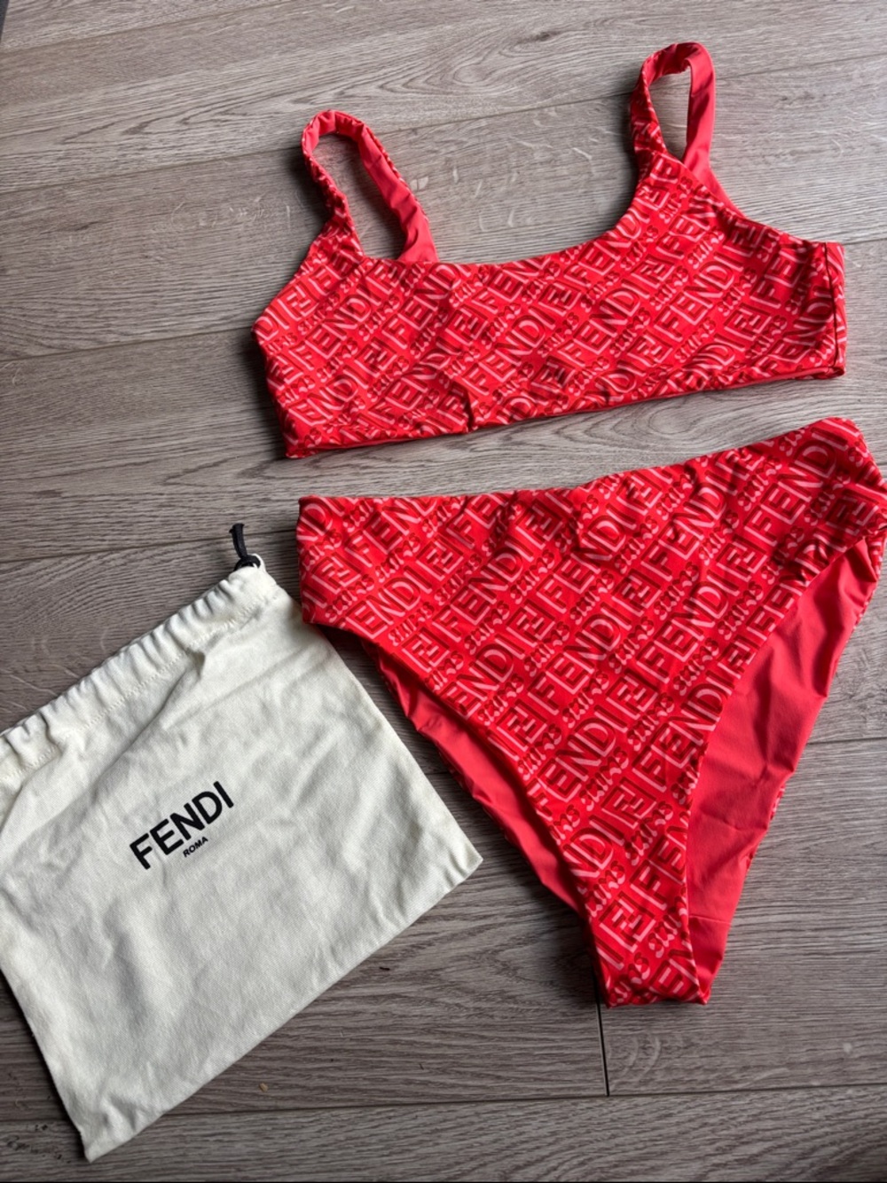 FENDI X SKIMS Red Logo Embossed Bikini Set